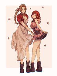 Rule 34 | 2girls, aerith gainsborough, bangle, bare arms, bare shoulders, bob cut, boots, border, bracelet, braid, braided ponytail, breasts, brown footwear, brown hair, choker, cleavage, cropped jacket, dress, final fantasy, final fantasy vii, final fantasy vii remake, flower, flower choker, full body, hair ribbon, hand on own chest, highres, hood, hood down, hooded dress, jacket, jewelry, kairi (kingdom hearts), kingdom hearts, kingdom hearts iii, long dress, long hair, looking at viewer, looking back, medium breasts, multiple girls, parted bangs, pink dress, pink ribbon, pleated dress, red hair, red jacket, ribbon, sera (serappi), short dress, short hair, short sleeves, sidelocks, smile, square enix, standing