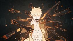 Rule 34 | 1boy, abs, absurdres, artpaji, black background, black jacket, blonde hair, facial mark, glowing, hand up, highres, jacket, looking at viewer, multicolored clothes, naruto (series), naruto shippuuden, open clothes, open jacket, orange jacket, orange theme, shadow hands, signature, solo, standing, stomach tattoo, tattoo, toned, toned male, uzumaki naruto, whisker markings, yellow eyes