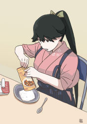 Rule 34 | 1girl, black hair, bow, chair, commentary request, curry, curry rice, empty eyes, folding chair, food, green bow, hair bow, houshou (kancolle), instant curry rice, japanese clothes, kantai collection, kimono, long hair, mihama machi, opening, parted lips, plate, ponytail, rice, ripping, simple background, sleeves rolled up, solo, spoon, table, yellow background
