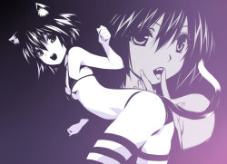 Rule 34 | 1girl, :d, animal ears, ass, bare shoulders, bikini, breasts, cat ears, cat tail, gradient background, groin, hirano katsuyuki, monochrome, multiple views, open mouth, original, projected inset, purple background, purple theme, short hair, small breasts, smile, solo, striped clothes, striped thighhighs, swimsuit, tail, thighhighs, tongue