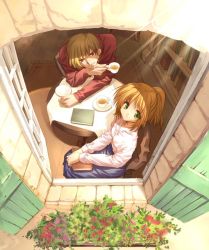Rule 34 | 1boy, 1girl, blonde hair, blouse, book, chair, cup, from above, green eyes, light rays, looking at viewer, looking outside, looking up, open window, red eyes, saucer, shirt, short ponytail, sitting, skirt, smile, sunbeam, sunlight, table, tea, teacup, ueda ryou, window