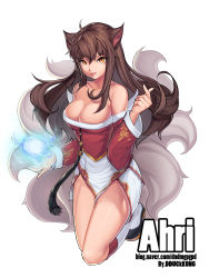 Rule 34 | 1girl, absurdres, ahri (league of legends), animal ears, artist name, bad id, bad pixiv id, bare shoulders, breasts, brown hair, character name, cleavage, dduck kong, detached sleeves, energy ball, fox ears, fox tail, highres, korean clothes, large breasts, league of legends, long hair, multiple tails, solo, tail, watermark, web address, yellow eyes