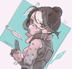 Rule 34 | 1girl, animification, apex legends, black eyes, black hair, bodysuit, breasts, dated, floating hair, from side, hair behind ear, hair bun, highres, kunai, looking at viewer, parted bangs, pink bodysuit, shimijimi, single hair bun, small breasts, solo, upper body, void specialist wraith, weapon, wraith&#039;s kunai, wraith (apex legends)