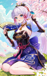 Rule 34 | 1girl, absurdres, arm guards, armor, ayaka (genshin impact), blue eyes, blue hair, blue skirt, breastplate, breasts, bug, butterfly, butterfly on hand, chen ying (alan-yut), cherry blossoms, chest sarashi, cleavage, cloud, commentary request, feet out of frame, flower, genshin impact, gloves, hair ribbon, hand fan, hands up, highres, holding, holding fan, insect, japanese armor, large breasts, light blue hair, long hair, looking at viewer, mole, mole under eye, neck tassel, open mouth, outdoors, partially fingerless gloves, ponytail, ribbon, sarashi, seiza, sitting, skirt, smile, socks, solo, tress ribbon, very long hair, white flower, white socks