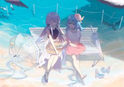 Rule 34 | 2girls, absurdly long hair, barefoot, beach, bench, blue eyes, blue hair, blush, closed eyes, closed mouth, day, haiyi, hat, high heels, highres, jellyfish hair ornament, jewelry, listening to music, long hair, low twintails, maple (57675110), multiple girls, necklace, on bench, outdoors, parted lips, purple hair, sidelocks, sitting, skirt, sun hat, synthesizer v, twintails, umbrella, very long hair, vocaloid, xingchen