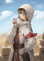 Rule 34 | 1girl, absurdres, aqua eyes, armband, blonde hair, cloak, cotta (heleif), desert, dress, earrings, highres, hood, hood up, hooded cloak, hoop earrings, jewelry, leather bag, leather belt, looking at viewer, original, red armband, scarf, shaded face, sky, solo, standing, toothpick, white cloak, white dress, white scarf