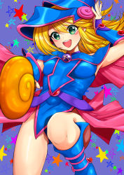 Rule 34 | 1girl, absurdres, bare shoulders, blonde hair, blue footwear, blue plan, blush, blush stickers, boots, breasts, choker, dark magician girl, duel monster, fingernails, green eyes, hat, highres, large breasts, long hair, looking at viewer, open mouth, pentagram, smile, solo, staff, wand, wizard hat, yu-gi-oh!, yu-gi-oh! duel monsters