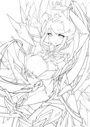 Rule 34 | 1girl, absurdres, breasts, chest jewel, earrings, gloves, greyscale, highres, jewelry, large breasts, long hair, monochrome, pneuma (xenoblade), ponytail, risumi (taka-fallcherryblossom), sketch, solo, swept bangs, tiara, unfinished, very long hair, xenoblade chronicles (series), xenoblade chronicles 2