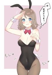 Rule 34 | 1girl, absurdres, animal ears, bare shoulders, black leotard, blue eyes, blush, border, bow, bowtie, breasts, brown pantyhose, chiyomaru (yumichiyo0606), cleavage, covered navel, detached collar, embarrassed, fake animal ears, fishnet pantyhose, fishnets, grey hair, hand on own chest, highres, large breasts, leotard, looking at viewer, love live!, love live! school idol project, love live! sunshine!!, neck ribbon, pantyhose, pink background, playboy bunny, rabbit ears, rabbit tail, red bow, ribbon, salute, short hair, smile, solo, strapless, strapless leotard, tail, text focus, watanabe you, white border, wrist cuffs