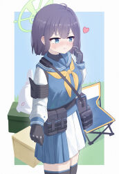 Rule 34 | 1girl, absurdres, bag, belt pouch, black gloves, blue archive, blue eyes, blue sailor collar, blue serafuku, blush, breasts, camping chair, carrying bag, chyuukaa0124, commentary request, day, embarrassed, facing viewer, frown, gloves, green halo, halo, hand up, heart, helmet, highres, long sleeves, looking to the side, medium breasts, medium hair, neckerchief, nervous, no headwear, outdoors, pleated skirt, pouch, purple hair, sailor collar, saki (blue archive), school uniform, scratching cheek, serafuku, skirt, solo, unworn headwear, unworn helmet, yellow neckerchief