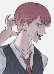 Rule 34 | 1boy, arm behind head, blue eyes, close-up, ear piercing, formal, from side, highres, looking back, male focus, necktie, nyub, piercing, pink hair, red necktie, sanzu haruchiyo, shirt, short hair, smirk, solo, striped clothes, suit, tokyo revengers, tongue, tongue out, white shirt