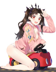 Rule 34 | 1girl, bad id, bad pixiv id, barefoot, black hair, breasts, car, earrings, fate/grand order, fate (series), feet, fur trim, furururu, hair ribbon, highres, hood, hoodie, hoop earrings, ishtar (fate), ishtar (swimsuit rider) (fate), jewelry, long hair, looking at viewer, medium breasts, motor vehicle, red eyes, ribbon, road, sitting, smile, solo, toes, tohsaka rin, two side up, white background
