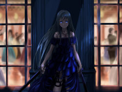Rule 34 | &gt;:), 1girl, ballroom, bare shoulders, blue dress, blue eyes, blue hair, closed mouth, dress, dual wielding, floating hair, frown, highres, holding, holding sword, holding weapon, jewelry, long hair, looking at viewer, mikisai, necklace, night, off-shoulder dress, off shoulder, original, outdoors, smile, solo focus, strapless, strapless dress, sword, weapon