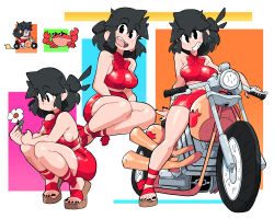 Rule 34 | 1girl, black hair, black nails, bow, bowtie, breasts, crab, flower, highres, holding, holding flower, looking at viewer, lucia (scott malin), medium breasts, midriff, motor vehicle, motorcycle, multiple views, navel, open mouth, original, red bow, red bowtie, red ribbon, red skirt, ribbon, sandals, scott malin, sitting, skirt, squatting, white flower