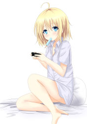 Rule 34 | 1girl, absurdres, ahoge, bare legs, barefoot, blue eyes, blush, collared shirt, controller, dress shirt, food, food in mouth, from side, full body, game controller, hair between eyes, highres, looking at viewer, mouth hold, original, pillow, popsicle, saku (kudrove), shirt, short hair, short sleeves, sitting, solo