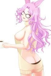 Rule 34 | 10s, 1girl, :3, :d, animal ears, areola slip, ass, backless outfit, bare arms, bare back, bare shoulders, bespectacled, black-framed eyewear, black panties, breasts, butt crack, catharine (granblue fantasy), coffee mug, collarbone, commentary request, covered erect nipples, cowboy shot, cup, curly hair, eyelashes, glasses, granblue fantasy, hair intakes, half-closed eyes, halterneck, head tilt, high ponytail, highres, holding, large breasts, long hair, looking at viewer, looking back, meme attire, mug, open mouth, panties, parted bangs, pince-nez, ponytail, purple eyes, purple hair, ribs, sideboob, sidelocks, simple background, smile, solo, standing, sweater, thighs, turtleneck, turtleneck sweater, underwear, virgin killer sweater, white background, yellow sweater