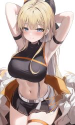 Rule 34 | 1girl, absurdres, arm belt, arm strap, armpits, arms behind head, arms up, bare shoulders, belt, black shirt, black skirt, blonde hair, blue eyes, blush, bow, braid, breasts, chimyo, closed mouth, commission, cowboy shot, crop top, hair bow, highres, jacket, large breasts, long hair, looking at viewer, midriff, miniskirt, navel, original, panty straps, pleated skirt, second-party source, shirt, sidelocks, simple background, skindentation, skirt, sleeveless, sleeveless shirt, smile, solo, sonya (schan), spaghetti strap, stomach, taut clothes, taut shirt, thigh strap, thighs, unworn jacket, very long hair, white background, white jacket