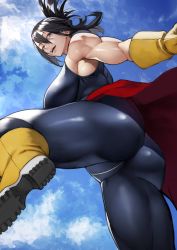 Rule 34 | 1girl, absurdres, ass, black eyes, black hair, blue sky, bodysuit, boku no hero academia, boots, breasts, day, gloves, hair between eyes, highres, large breasts, lips, looking at viewer, shimura nana, short hair, sky, sleeveless, sleeveless bodysuit, smile, solo, teeth, upper teeth only, yellow footwear, yellow gloves, yoshio (55level)