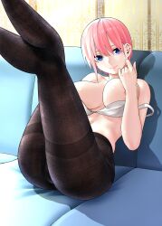 Rule 34 | 1girl, absurdres, areola slip, ass, black pantyhose, blue eyes, blush, bra, bra pull, breasts, closed mouth, clothes pull, collarbone, come hither, couch, covering breasts, covering privates, feet out of frame, go-toubun no hanayome, hair between eyes, highres, indoors, kosmos beta, large breasts, legs up, looking at viewer, nakano ichika, navel, on couch, pantyhose, pink hair, shadow, short hair, sitting, smile, solo, stomach, strap slip, teasing, thighband pantyhose, underwear, white bra