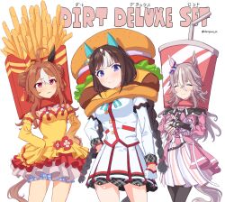 Rule 34 | 3girls, absurdres, adapted costume, alternate eye color, animal ears, asymmetrical gloves, banpunsik, black gloves, black pantyhose, bloomers, blush, braid, breasts, brown hair, burger, cleavage, clenched hands, closed eyes, closed mouth, commentary request, copano rickey (umamusume), cowboy shot, cup, detached sleeves, disposable cup, double bun, dress, drinking straw, ear covers, ear ornament, facing viewer, fingerless gloves, food, food on head, french fries, frilled dress, frills, gloves, grey hair, hair between eyes, hair bun, hair ornament, hand on own hip, highres, hokko tarumae (umamusume), horse ears, horse girl, horse tail, jacket, long hair, long sleeves, medium breasts, medium hair, mismatched gloves, multicolored hair, multiple girls, no headwear, object on head, open mouth, own hands together, pantyhose, pink dress, plaid, plaid skirt, purple eyes, red eyes, simple background, single ear cover, skirt, smile, streaked hair, sweat, tail, tassel, tassel hair ornament, twin braids, umamusume, underwear, very long hair, white background, white bloomers, white gloves, white hair, white jacket, wonder acute (umamusume), yellow dress