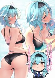 Rule 34 | 1girl, :&lt;, amo takumi, aqua hair, ass, bikini, black bikini, black hairband, blue necktie, blush, breasts, chibi, cleavage, closed mouth, commentary request, eula (genshin impact), genshin impact, hair between eyes, hairband, highres, large breasts, looking at viewer, looking back, multicolored hair, multiple views, necktie, orange eyes, parted lips, partially submerged, side-tie bikini bottom, swimsuit, translation request, wet, wet hair, white hair