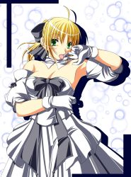 Rule 34 | 00s, 1girl, ahoge, armpits, artoria pendragon (fate), bare shoulders, blonde hair, bow, breasts, bubble, capcom, cleavage, dress, fate/stay night, fate/unlimited codes, fate (series), female focus, gloves, green eyes, hair bow, hiya, ponytail, ribbon, saber (fate), saber lily, solo, strapless, strapless dress, tongue