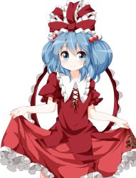 Rule 34 | 1girl, bad id, bad twitter id, blue eyes, blue hair, blush, bow, cosplay, curtsey, dress, frilled skirt, frills, hair bobbles, hair ornament, holding clothes, holding skirt, kagiyama hina, kagiyama hina (cosplay), kawashiro nitori, looking at viewer, matching hair/eyes, puffy short sleeves, puffy sleeves, red dress, ribbon, ruu (tksymkw), short hair, short sleeves, simple background, skirt, skirt hold, smile, solo, sweatdrop, touhou, two side up, white background, wrist ribbon