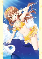 Rule 34 | 1girl, ;d, bikini, bird, brown eyes, brown hair, cloud, contrail, day, diffraction spikes, hairband, highres, jewelry, long hair, navel, necklace, ocean, one eye closed, open mouth, original, outdoors, shiny skin, sky, smile, solo, swimsuit, yellow bikini
