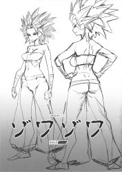 Rule 34 | 10s, 1girl, absurdres, armpits, ass, bare shoulders, bobobo, breasts, caulifla, dragon ball, dragon ball super, female focus, full body, gradient background, grey background, greyscale, highres, monochrome, multiple views, scan, smile, spiked hair, standing, strapless, tube top