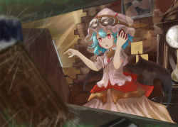 Rule 34 | 1girl, arm up, bat wings, blue hair, blurry, book, brick wall, brooch, clock, cowboy shot, depth of field, electric fan, goggles, goggles on head, hair between eyes, hand on headphones, hat, head tilt, headphones, indoors, jewelry, light particles, light rays, looking to the side, mob cap, open mouth, pendulum clock, pink shirt, pink skirt, pointing, psyren2, puffy short sleeves, puffy sleeves, red eyes, remilia scarlet, sash, shirt, short hair, short sleeves, silk, skirt, solo, spider web, sunbeam, sunlight, touhou, wings