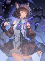 animal_ears blunt_bangs brown_eyes brown_hair brown_sleeves commission cowboy_shot detached_sleeves dress flowerpothiru gem hair_ornament hairband highres long_sleeves looking_afar original parted_lips purple_gemstone purple_hairband purple_ribbon ribbon sample_watermark short_hair tentacles thigh_strap watermark