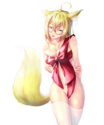 Rule 34 | 1girl, :p, ahoge, animal ears, arm at side, arm behind back, blonde hair, blurry, bokeh, bow, breasts, cleavage, cowboy shot, depth of field, fox ears, fox tail, glasses, green eyes, groin, hair between eyes, hand on own arm, machin, medium breasts, naked ribbon, navel, original, red-framed eyewear, red bow, red ribbon, ribbon, semi-rimless eyewear, sideboob, simple background, solo, tail, thighhighs, tongue, tongue out, under-rim eyewear, valentine, white background, white thighhighs