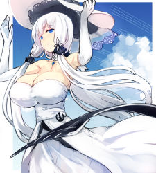 Rule 34 | 1girl, azur lane, bare shoulders, blue eyes, blunt bangs, blush, breasts, closed mouth, cloud, cloudy sky, collarbone, cowboy shot, cross, day, detached collar, dress, elbow gloves, gem, gloves, hat, highres, illustrious (azur lane), large breasts, long hair, looking at viewer, low-tied long hair, orb, outdoors, pen (pen3), silver hair, sky, solo, star (sky), strapless, strapless dress, sun hat, thighhighs, very long hair, white dress, white hat