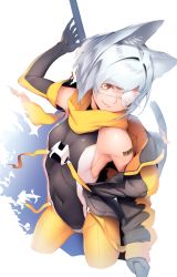 Rule 34 | 1girl, animal ears, arm tattoo, bad id, bad pixiv id, barcode, barcode tattoo, breasts, commentary request, covered navel, cowboy shot, cropped legs, elbow gloves, eyepatch, gloves, grey hair, hair intakes, leotard, off shoulder, original, ryuji (ikeriu), scarf, short hair, simple background, small breasts, solo, tail, tattoo, weapon, weapon on back, white background, yellow eyes