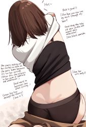 Rule 34 | 1girl, alternate language, ass, black camisole, black panties, brown hair, brown pants, camisole, clothes pull, english text, facing away, from behind, highres, kapatarou, original, panties, pants, pants pull, shirt, sitting, solo, underwear, undressing, white background, white shirt