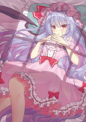 Rule 34 | 1girl, :/, absurdres, adapted costume, alternate hair length, alternate hairstyle, bat wings, bed sheet, beni kurage, blush, bow, breasts, buttons, center frills, closed mouth, commentary request, dot nose, dress, dress bow, eyelashes, fingernails, frilled dress, frills, hair ribbon, hat, hat bow, hat ribbon, highres, knees, light purple hair, long hair, looking at viewer, lying, mob cap, on back, on bed, pillow, pink dress, pink hat, puffy short sleeves, puffy sleeves, purple hair, remilia scarlet, ribbon, shadow, short sleeves, sidelocks, small breasts, solo, steepled fingers, touhou, window, wings