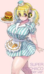 Rule 34 | 1girl, apron, blonde hair, breasts, burger, character name, cleavage, clothes writing, curvy, diner, dress, food, french fries, frills, headphones, highres, holding, holding food, huge breasts, meat day, nitroplus, orange eyes, plate, plump, puffy sleeves, short sleeves, smile, solo, standing, striped clothes, striped dress, super pochaco, thick thighs, thighs, tray, tsuji santa, twintails, waist apron, waitress