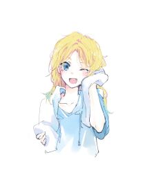 Rule 34 | 1girl, ;d, blonde hair, blue eyes, blue hair, blue hoodie, blush, collarbone, commentary request, cropped torso, drying, drying hair, fang, gradient hair, hair down, highres, holding, holding towel, hood, hoodie, l9525, light blue hair, link! like! love live!, long hair, looking at viewer, love live!, multicolored hair, one eye closed, open mouth, osawa rurino, simple background, smile, solo, towel, upper body, virtual youtuber, white background