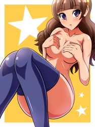 Rule 34 | 1girl, amanogawa kirara, aokura shou, ass, blush, breasts, brown hair, cleavage, collarbone, covering privates, covering breasts, female focus, go! princess precure, highres, large breasts, long hair, looking at viewer, nude, precure, purple eyes, simple background, socks, solo, star (symbol), starry background, thighhighs, thighs, twintails