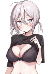Rule 34 | 1girl, ahoge, black bra, black shirt, blush, bra, breasts, cleavage, clothes lift, commentary request, grey eyes, hair between eyes, hand up, highres, large breasts, lifting own clothes, looking at viewer, navel, original, parted lips, shin no tenpii, shirt, shirt lift, short hair, short sleeves, silver hair, simple background, solo, stomach, underwear, upper body, white background