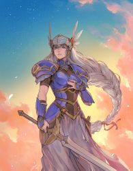 Rule 34 | 1girl, armor, armored dress, blue armor, blue eyes, blue sky, braid, closed mouth, cloud, cloudy sky, commentary, dress, feathers, gauntlets, gradient sky, grey headwear, hair ribbon, hand on own chest, helmet, highres, holding, holding sword, holding weapon, lenneth valkyrie, long dress, long hair, nishiki areku, orange sky, pauldrons, red ribbon, ribbon, shoulder armor, silver hair, sky, solo, standing, star (sky), starry sky, sword, valkyrie, valkyrie profile (series), very long hair, weapon, winged helmet