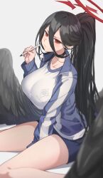 Rule 34 | 1girl, black choker, black feathers, black wings, blue archive, blurry, breasts, choker, closed mouth, depth of field, feathers, gym uniform, halo, hasumi (blue archive), hasumi (track) (blue archive), high ponytail, highres, holding, holding pen, jacket, large breasts, large wings, long hair, looking at viewer, pen, red eyes, reulem, shirt, short shorts, shorts, sitting, solo, thighs, track jacket, v-shaped eyebrows, very long hair, wariza, white shirt, wings