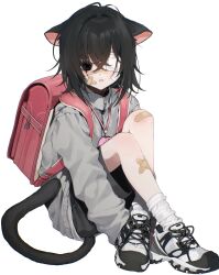 Rule 34 | 1girl, absurdres, animal ears, backpack, bag, bandaid, bandaid on cheek, bandaid on face, bandaid on knee, bandaid on leg, black eyes, black hair, black shorts, cat ears, cat girl, cat tail, closed mouth, commentary, crossed ankles, crossed bandaids, eyepatch, full body, grey jacket, hair intakes, highres, jacket, knees up, long bangs, long sleeves, looking at viewer, medical eyepatch, medium hair, one eye covered, original, randoseru, red bag, shoes, shorts, simple background, sitting, sneakers, socks, solo, symbol-only commentary, tail, twitter username, watermark, white background, white socks, yuiitsu, zipper