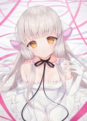Rule 34 | 1girl, absurdres, bare shoulders, bed sheet, black choker, breasts, brown eyes, chii, chobits, choker, clamp (style), commentary request, dress, elbow gloves, frilled dress, frills, gloves, grey hair, hand up, highres, long hair, looking at viewer, parted lips, ribbon choker, robot ears, sleeveless, sleeveless dress, small breasts, solo, strap slip, tsukiman, very long hair, white dress, white gloves