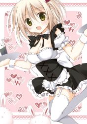 Rule 34 | 10s, 1girl, alice or alice, apron, arm strap, back bow, black bow, black bowtie, black skirt, blonde hair, blush, bow, bowtie, breasts, choker, cleavage, corset, floating hair, frilled apron, frilled skirt, frills, garter straps, green eyes, hair between eyes, hair ornament, heart, heart hair ornament, highres, koko (alice or alice), korie riko, leg up, long hair, looking at viewer, medium breasts, miniskirt, open mouth, shiny skin, skirt, solo, sweatdrop, thighhighs, white apron, white bow, white thighhighs, wrist cuffs, zettai ryouiki