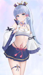 Rule 34 | 1girl, absurdres, alternate costume, arm at side, ayaka (genshin impact), bare shoulders, black panties, blue background, blue eyes, blue skirt, blunt tresses, bow, bowtie, breasts, buttons, cherng, closed mouth, crop top, detached sleeves, flower knot, folding fan, frilled sleeves, frills, genshin impact, gloves, gradient background, hair ornament, hair ribbon, hand fan, head tilt, high ponytail, highleg, highleg panties, highres, holding, holding fan, linea alba, long hair, looking at viewer, miniskirt, mole, mole under eye, navel, panties, panty straps, pleated skirt, ponytail, purple background, purple bow, purple bowtie, ribbon, shirt, skirt, sleeveless, sleeveless shirt, small breasts, smile, solo, stomach, string panties, tassel, thigh strap, thighs, tress ribbon, underwear, white gloves, white hair, white shirt, white sleeves, wide sleeves