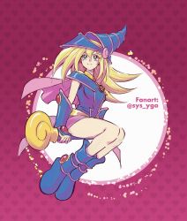 Rule 34 | 1girl, artist name, blonde hair, blue footwear, blush stickers, boots, closed mouth, commentary, dark magician girl, duel monster, eyelashes, green eyes, hat, heart, legs together, long hair, looking to the side, pentacle, sitting, solo, soya (sys ygo), staff, wizard hat, yu-gi-oh!