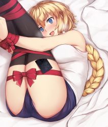 Rule 34 | 1girl, @ @, ass, bare shoulders, bed sheet, black thighhighs, blouse, blue eyes, blue shorts, blush, bound, bound legs, bound wrists, braid, braided ponytail, breasts, cold (hoshinoskull), commentary request, fate/grand order, fate (series), feet out of frame, heavy breathing, highres, jeanne d&#039;arc (fate), jeanne d&#039;arc (girl from orleans) (fate), jeanne d&#039;arc (ruler) (fate), large breasts, legs up, long hair, open mouth, red ribbon, restrained, ribbon, shirt, short shorts, shorts, single braid, solo, sweat, tearing up, thighhighs, very long hair, white shirt