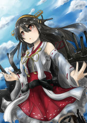 Rule 34 | 10s, 1girl, black hair, blue sky, brown eyes, cloud, cloudy sky, day, detached sleeves, dutch angle, from below, hair ornament, hairband, hairclip, haruna (kancolle), kantai collection, koucha (ginnta-tosio), long hair, machinery, nontraditional miko, sky, solo, turret