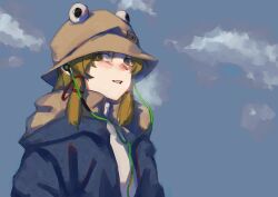 1girl absurdres blue_sky brown_hat coat earphones grey_coat hair_ribbon hat highres light_brown_hair long_sleeves medium_hair moriya_suwako open_mouth outdoors pyonta razer red_ribbon ribbon sinonon218 sky solo teeth touhou winter_clothes yellow_eyes